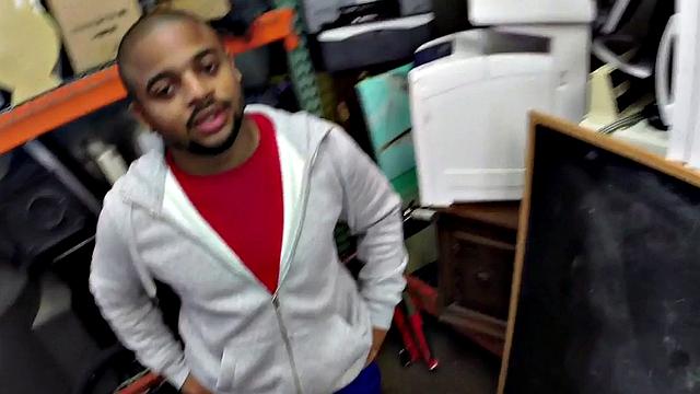 Ebony gaypawn bottom 3some fucked in stockroom for cash