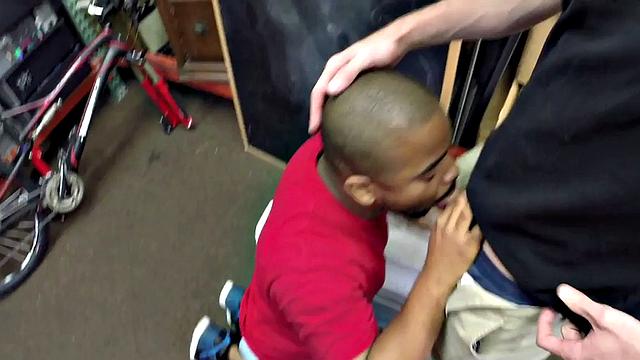 Ebony gaypawn bottom 3some fucked in stockroom for cash