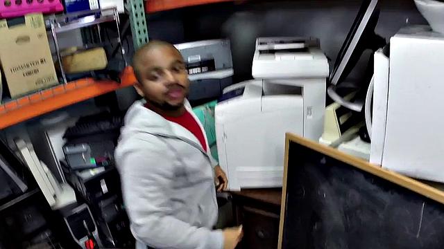 Ebony gaypawn bottom 3some fucked in stockroom for cash