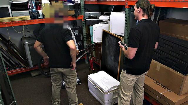 Ebony gaypawn bottom 3some fucked in stockroom for cash