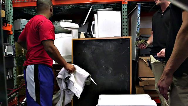 Ebony gaypawn bottom 3some fucked in stockroom for cash