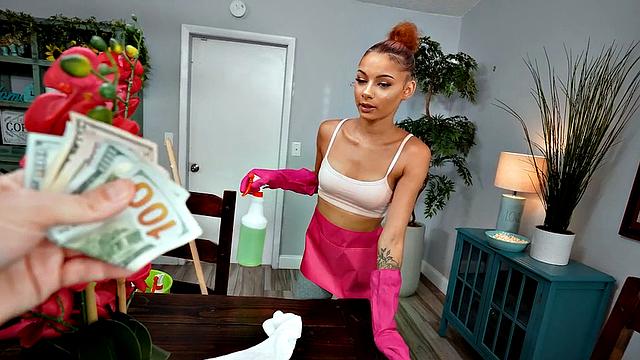 Watch this young maid get drilled doggystyle by a huge black cock after a steamy cocksucking session in the bathroom