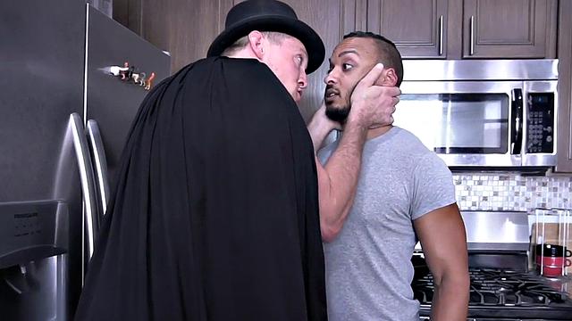 Magician barebacking ebony in kitchen session