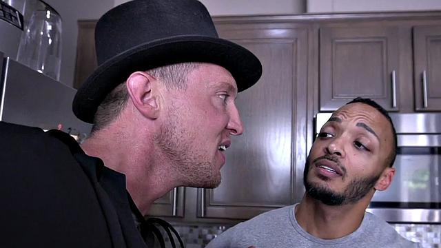 Magician barebacking ebony in kitchen session