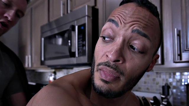 Magician barebacking ebony in kitchen session