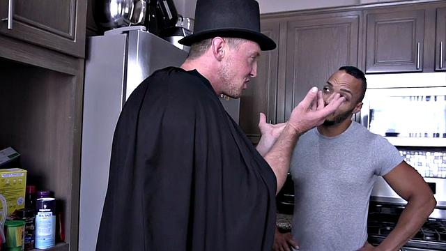 Magician barebacking ebony in kitchen session
