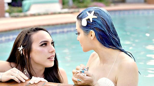 Small boobs TS mermaid fucks babe outdoors by swimming pool