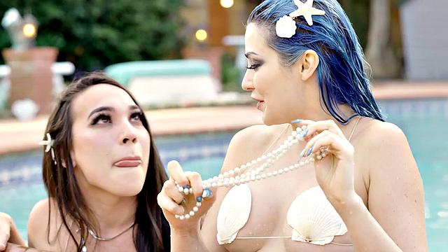 Small boobs TS mermaid fucks babe outdoors by swimming pool