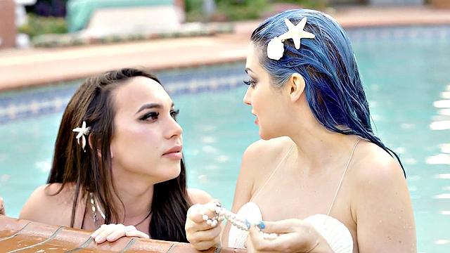 Small boobs TS mermaid fucks babe outdoors by swimming pool