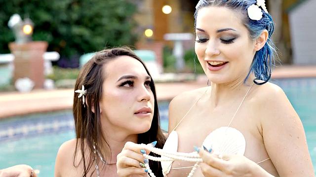 Small boobs TS mermaid fucks babe outdoors by swimming pool