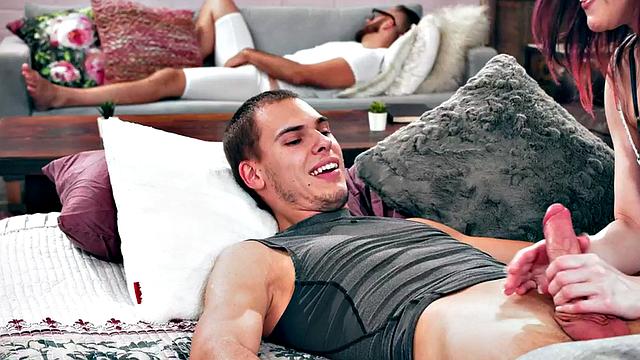 Bisex anal lovers fuck bigtitted redhead babe in threesome