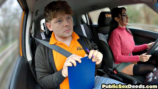 Busty MILF pussyfucked in car