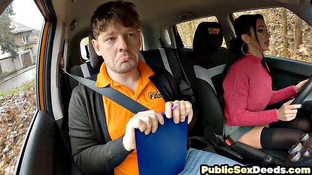 Busty MILF pussyfucked in car