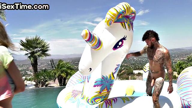 Bisex oiled babe 3way fucked outdoor in swimming pool WAM sex