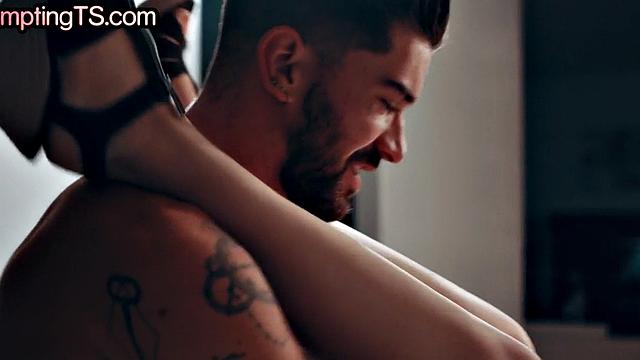 Trans beauty with small tits deepthroats before anal fuck