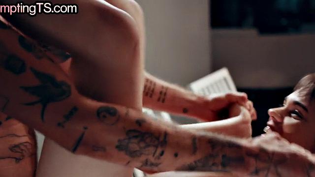 Trans beauty with small tits deepthroats before anal fuck