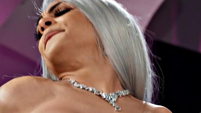 Busty inked blonde tranny barebacked by muscled BF