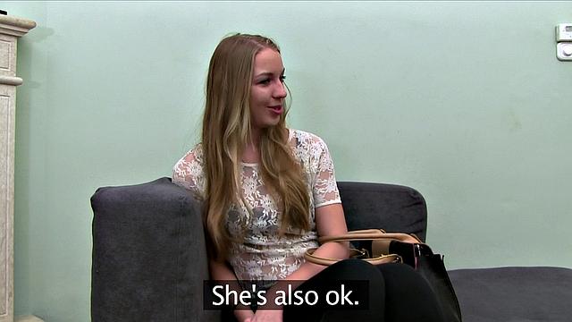 Blonde with blue eyes gets her pussy fingered & fucked in doggy-style while wearing a bra