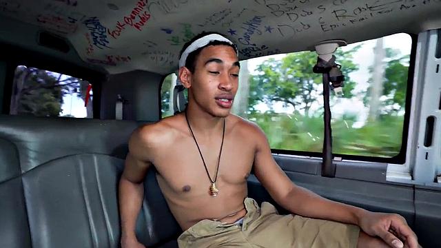 Pulled Asian stud goes gay in van with muscled hunk