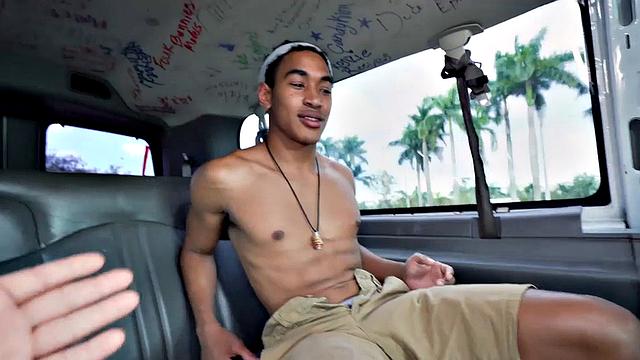 Pulled Asian stud goes gay in van with muscled hunk