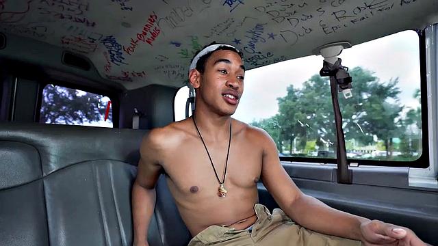 Pulled Asian stud goes gay in van with muscled hunk