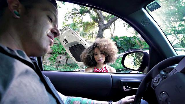 Ebony teen with tattoos fucked hard for car repair after getting outdoors