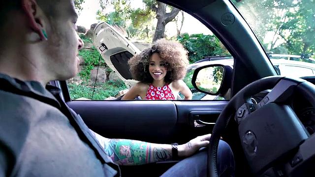 Ebony teen with tattoos fucked hard for car repair after getting outdoors