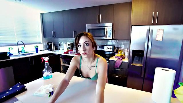 A petite maid strip down & give a POV blowjob before getting a hot leggings ride