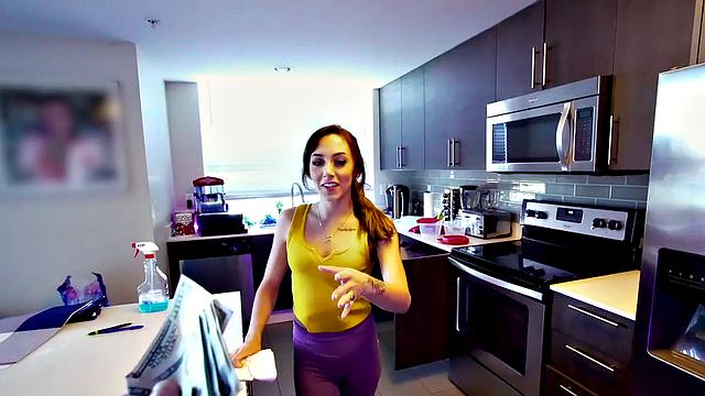 A petite maid strip down & give a POV blowjob before getting a hot leggings ride