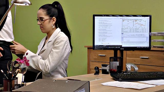 MILF in glasses gives a hard cock to a loan officer in office