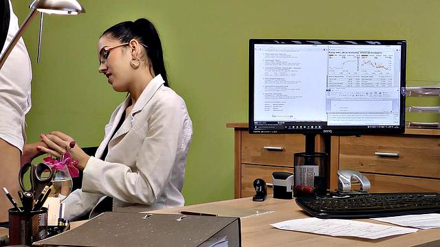 MILF in glasses gives a hard cock to a loan officer in office