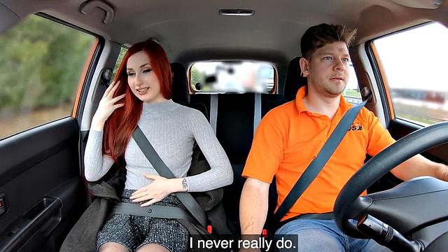 Redhead babe fucked outdoor in car with driving tutor
