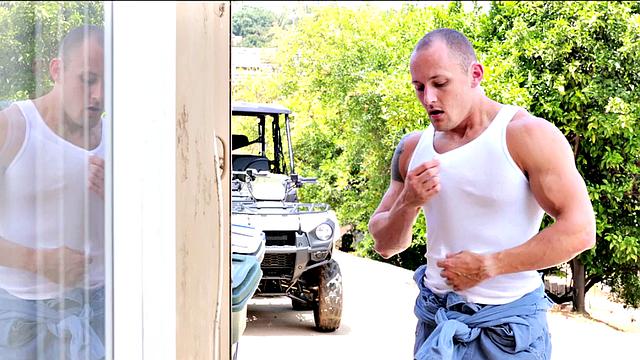 Athletic bottom sprays after spitroasted by studs