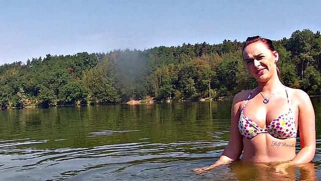 Inked up cutie in bikini takes a wild ride on stranger's dick & balls