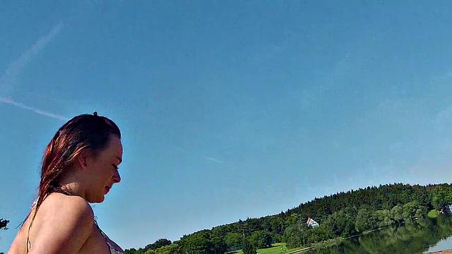 Inked up cutie in bikini takes a wild ride on stranger's dick & balls