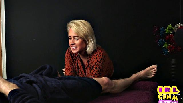 CFNM amateur tattooed MILF sucks and wanks hard cock