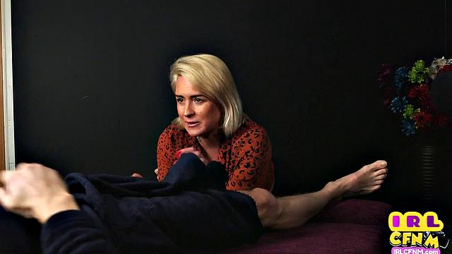 CFNM amateur tattooed MILF sucks and wanks hard cock