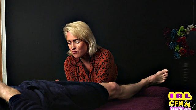 CFNM amateur tattooed MILF sucks and wanks hard cock