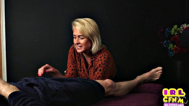 CFNM amateur tattooed MILF sucks and wanks hard cock