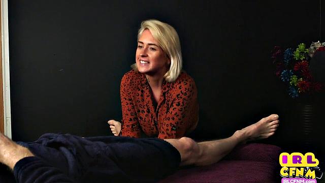 CFNM amateur tattooed MILF sucks and wanks hard cock