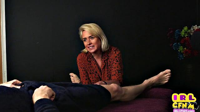 CFNM amateur tattooed MILF sucks and wanks hard cock