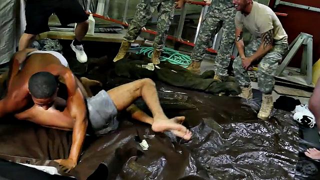 Navy studs fuck in voyeur orgy after wrestling
