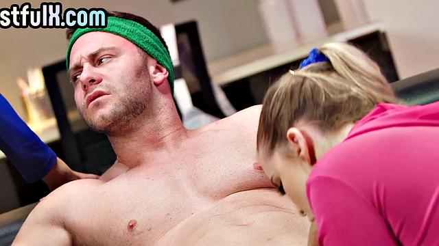Big-titted college inked slut banged in threesome with coach