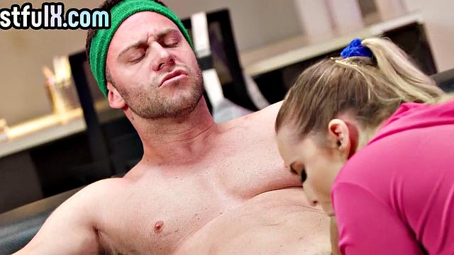 Big-titted college inked slut banged in threesome with coach