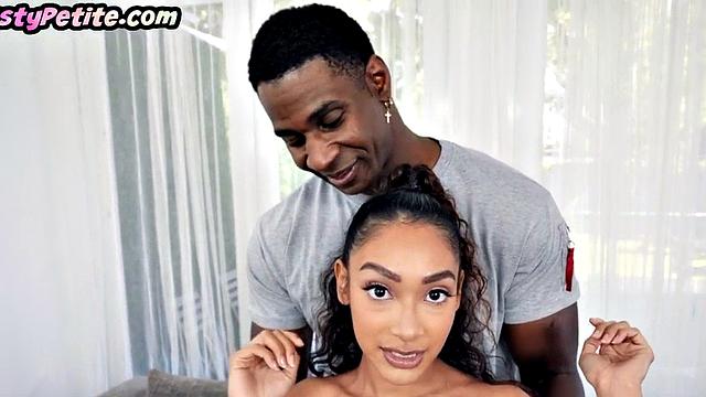 Tiny Ebony 21yo GF deepthroats and rides on casting