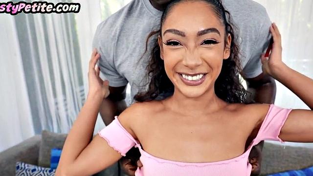 Tiny Ebony 21yo GF deepthroats and rides on casting
