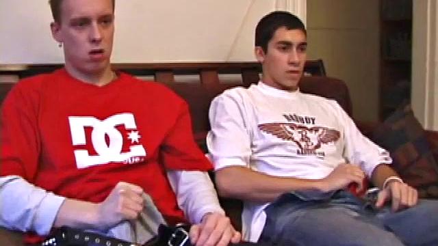 Roar and Levi Davis chill on the couch, as they work their through their jeans. Roar grabs hold of Levi's and starts jerking it then Casper helps out Roar with some stroking.