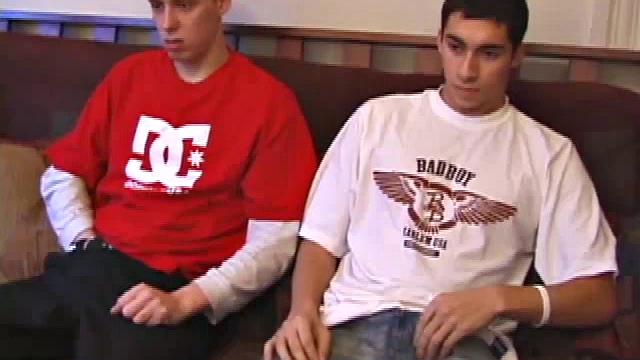 Roar and Levi Davis chill on the couch, as they work their through their jeans. Roar grabs hold of Levi's and starts jerking it then Casper helps out Roar with some stroking.