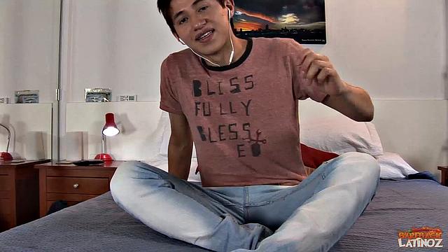 Our featured solo boy of the week is a slim Latino named Corey. On the bed, the young man starts undressing, as everyone watching waits to see what he's got between the legs.