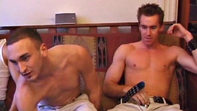 Trent Knight gets undressed to accommodate Brock LaBelli and Aiden Cross, who both have hard cocks ready for servicing. He sucks on Brock first, and then Aiden, befre settling down to work on his own.